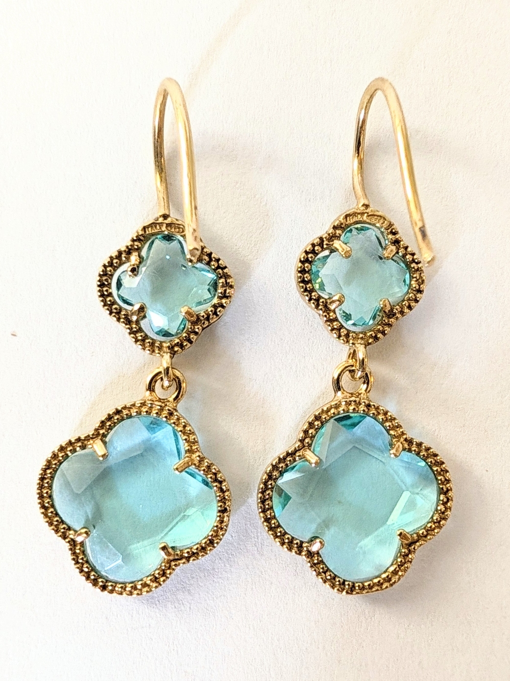 DYADEMA Italy Gold Over Sterling Silver Aqua Crystal Quatrefoil Dangle Earrings
